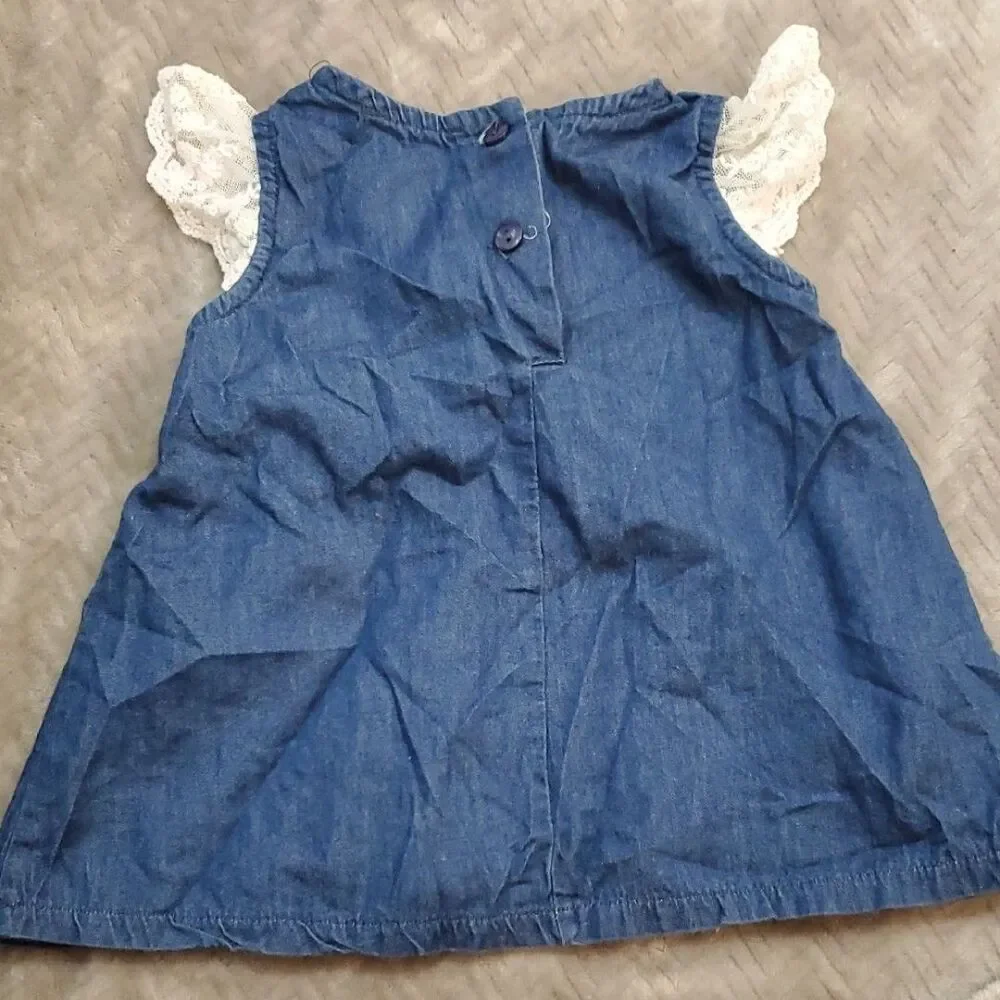 Rare Editions Denim Top with Colorful Pattern and Lace Sleeves Baby 12 Months